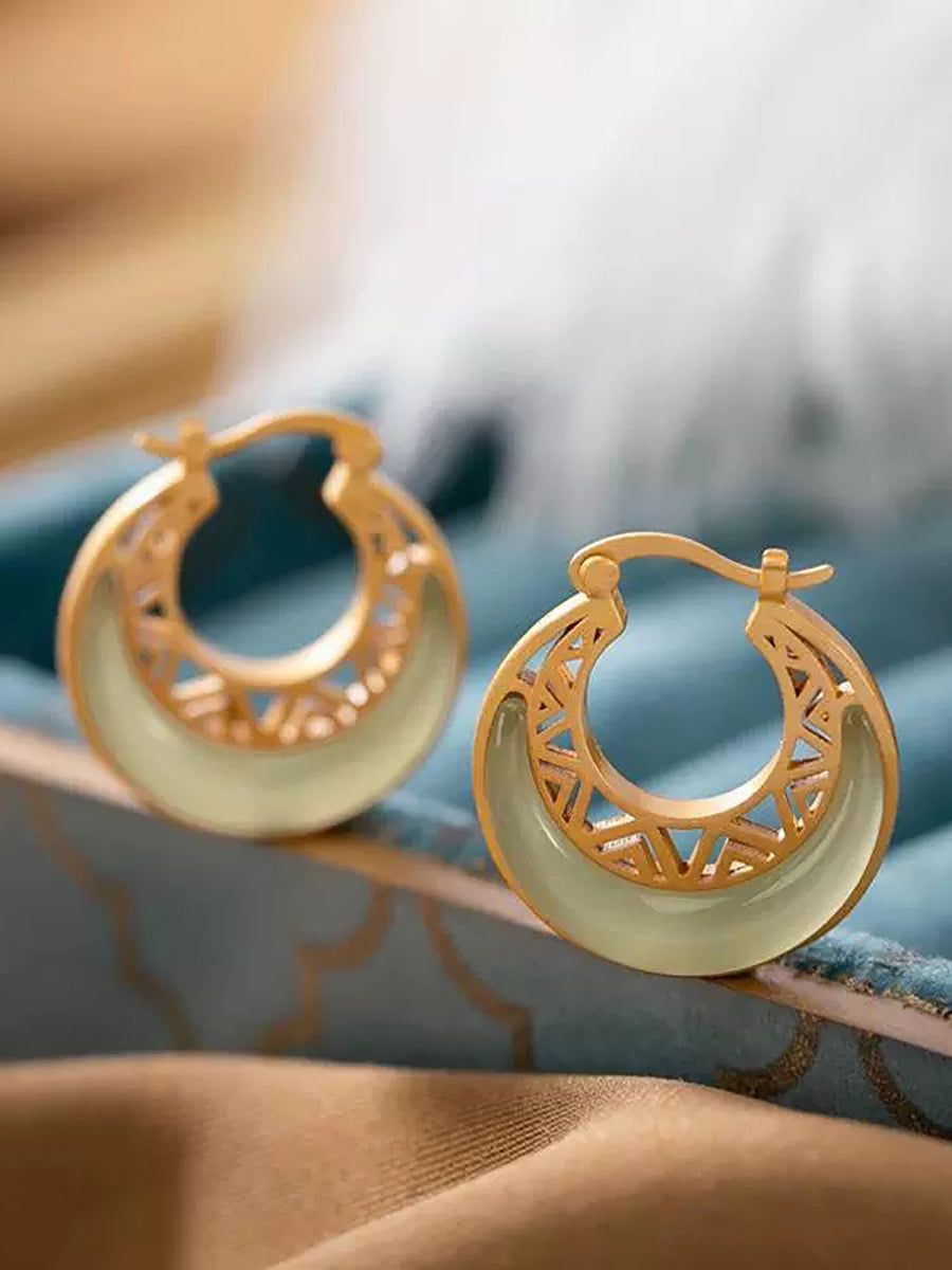 Women Vintage Jade Moon Alloy Earrings