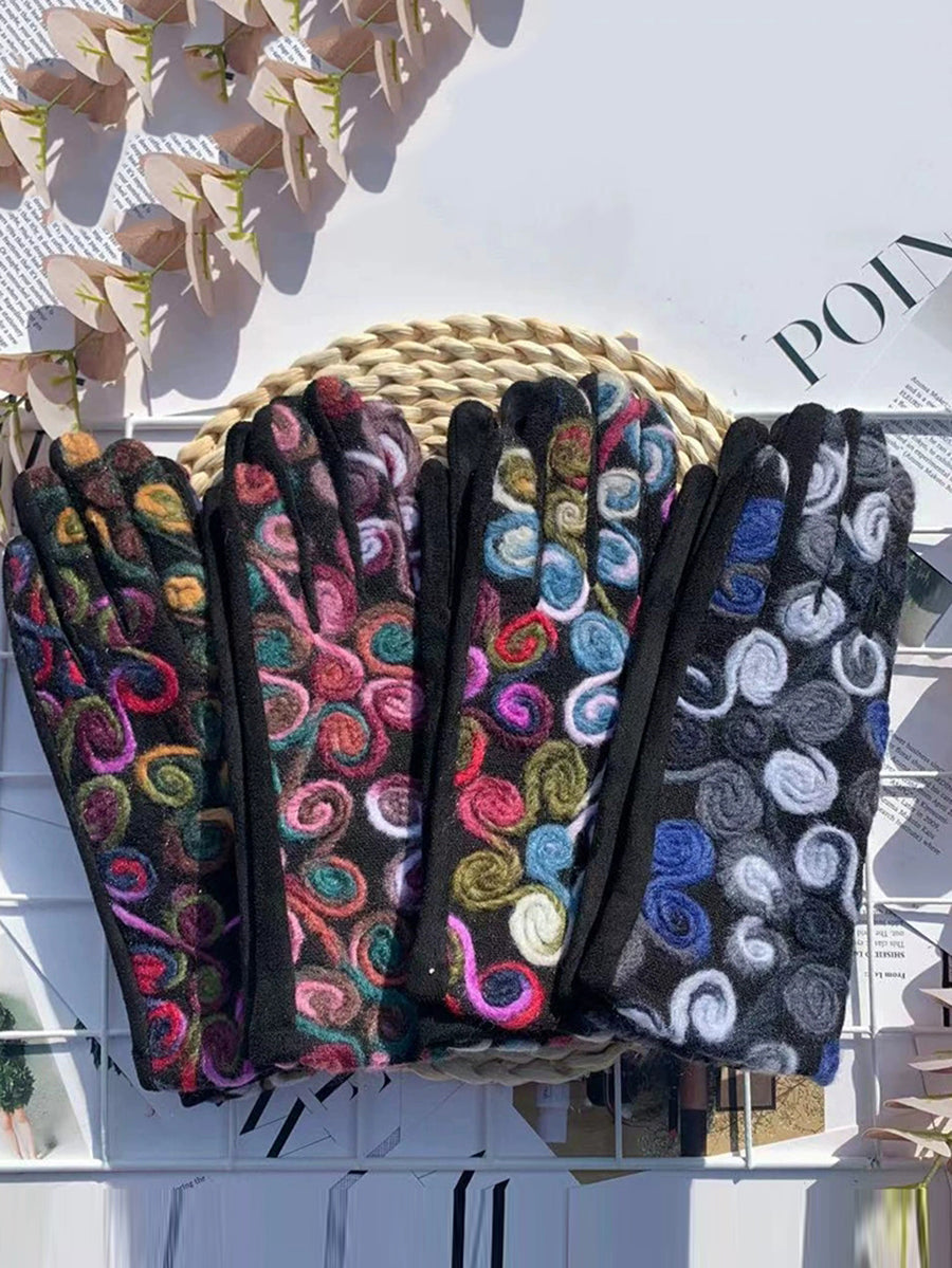 Women Retro Embroidery Warm Cycling Gloves