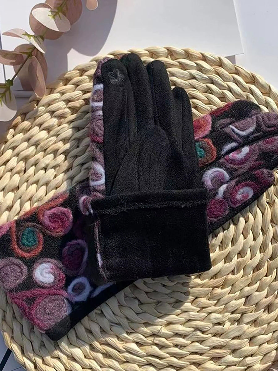 Women Retro Embroidery Warm Cycling Gloves