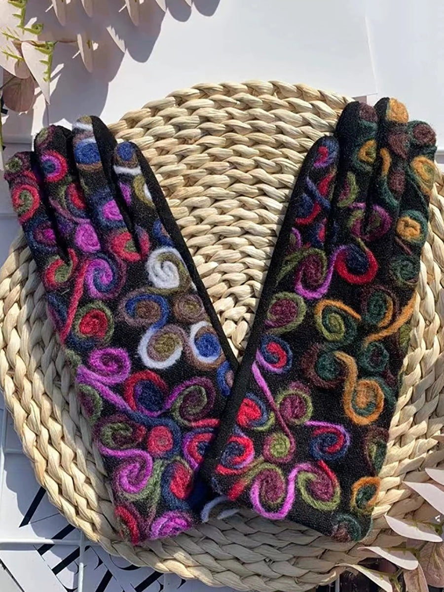 Women Retro Embroidery Warm Cycling Gloves