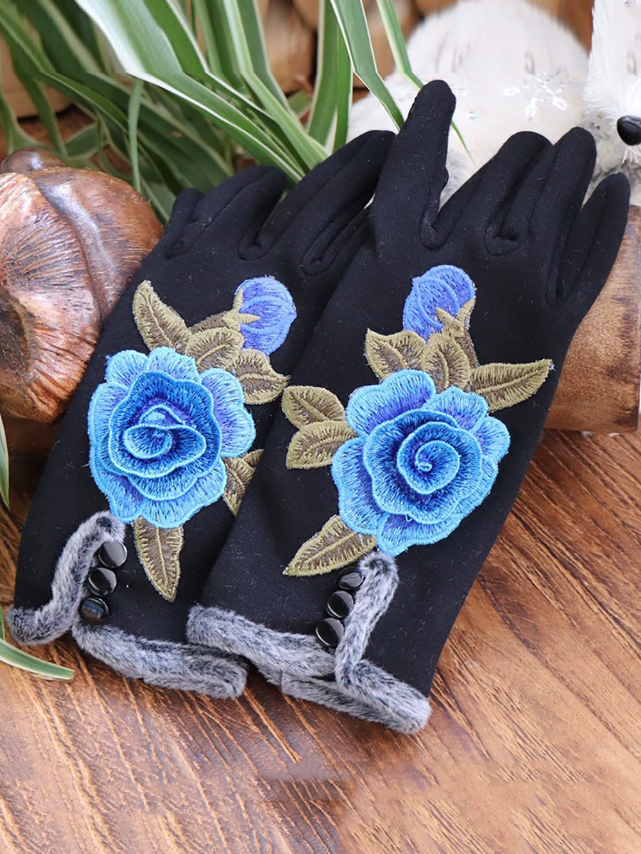 Women Ethnic Winter  Embroidery Fleece-lined Gloves