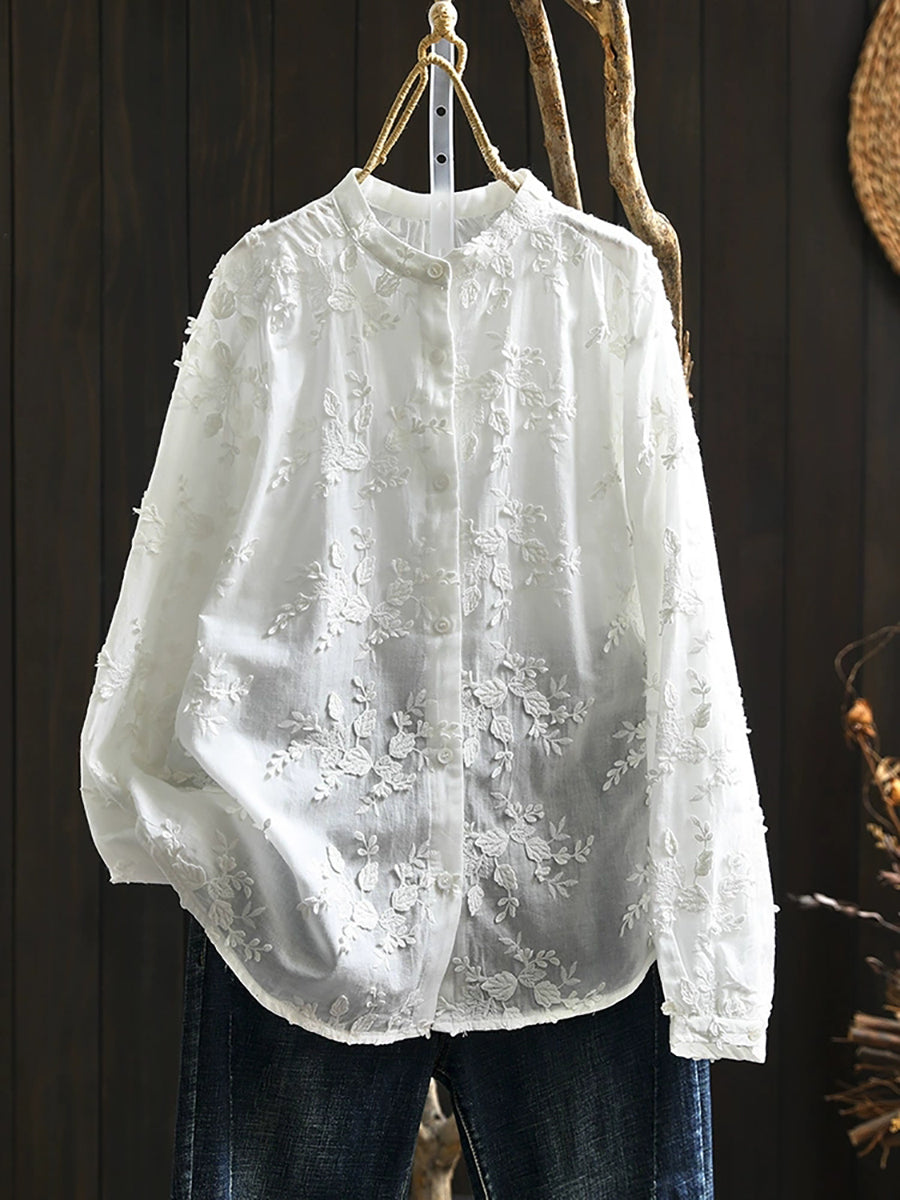 Plus Size Women Artsy 100%Cotton Embroidery Stand Collar Shirt