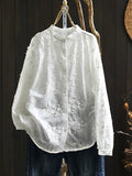 Plus Size Women Artsy 100%Cotton Embroidery Stand Collar Shirt