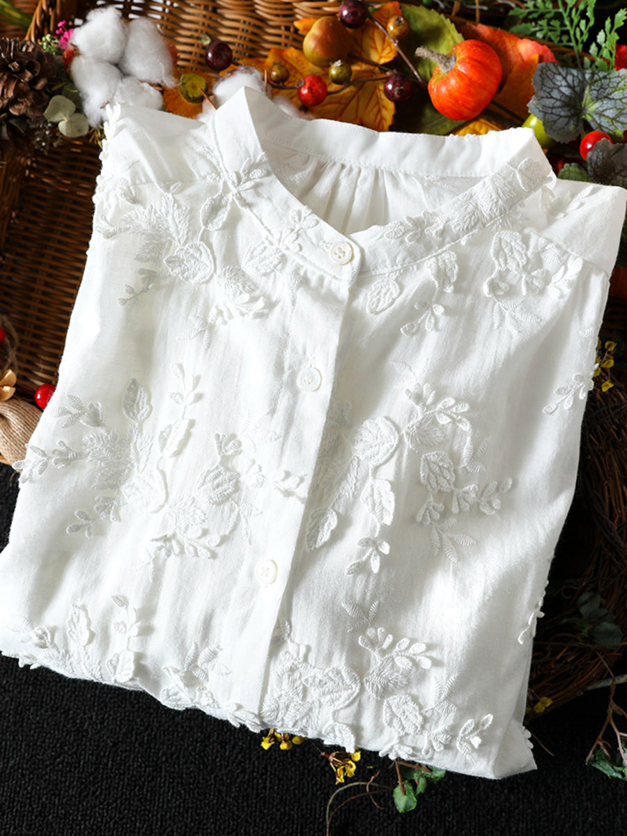 Plus Size Women Artsy 100%Cotton Embroidery Stand Collar Shirt