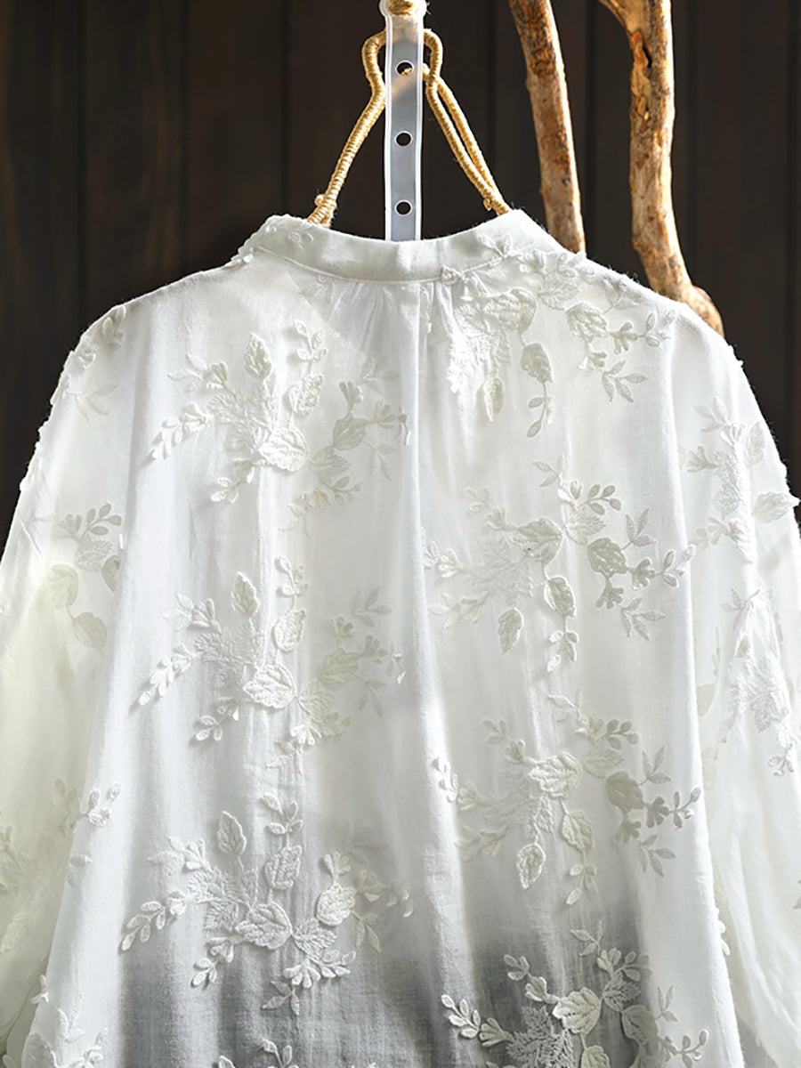 Plus Size Women Artsy 100%Cotton Embroidery Stand Collar Shirt