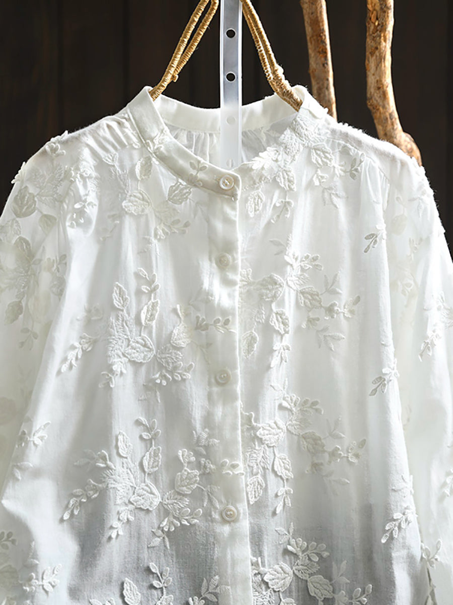 Plus Size Women Artsy 100%Cotton Embroidery Stand Collar Shirt