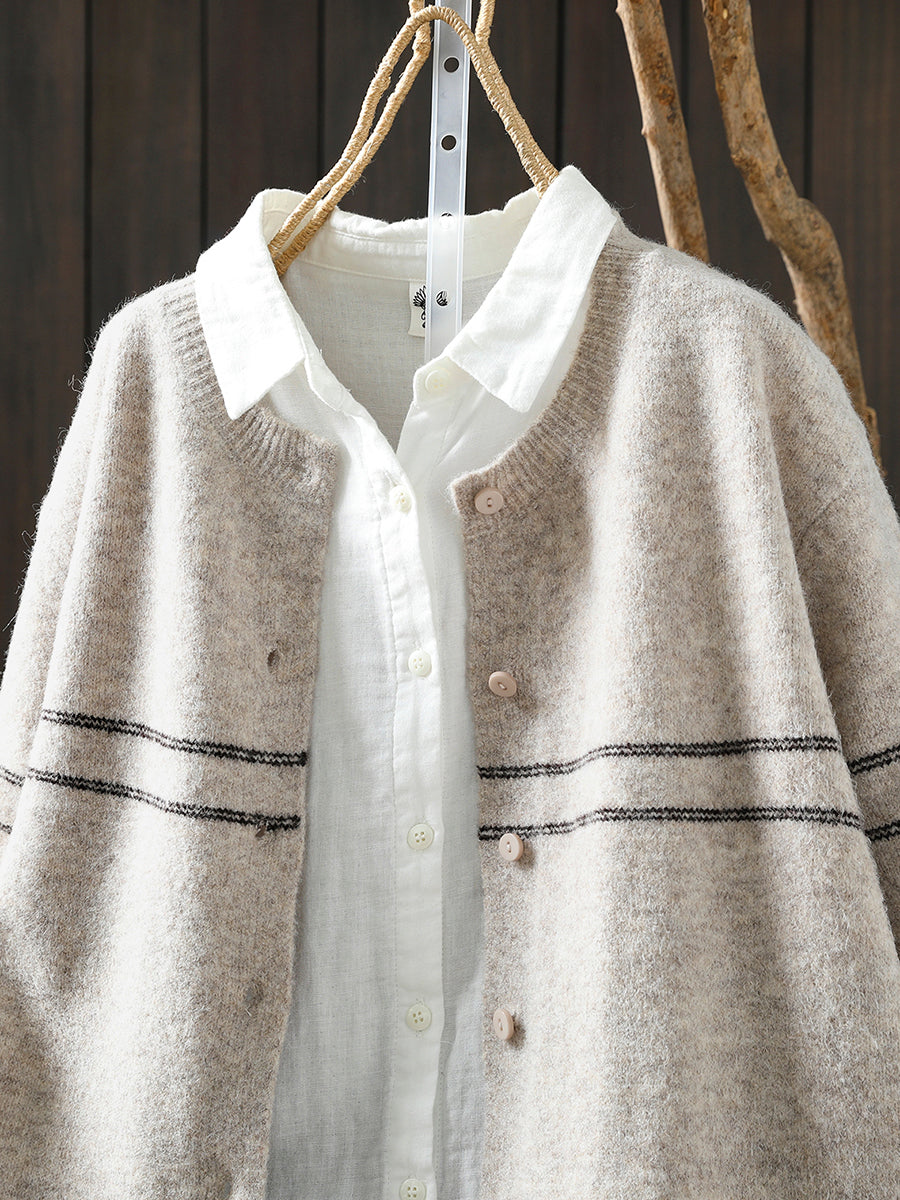Women Autumn Artsy Stripe Knitted O-Neck Sweater
