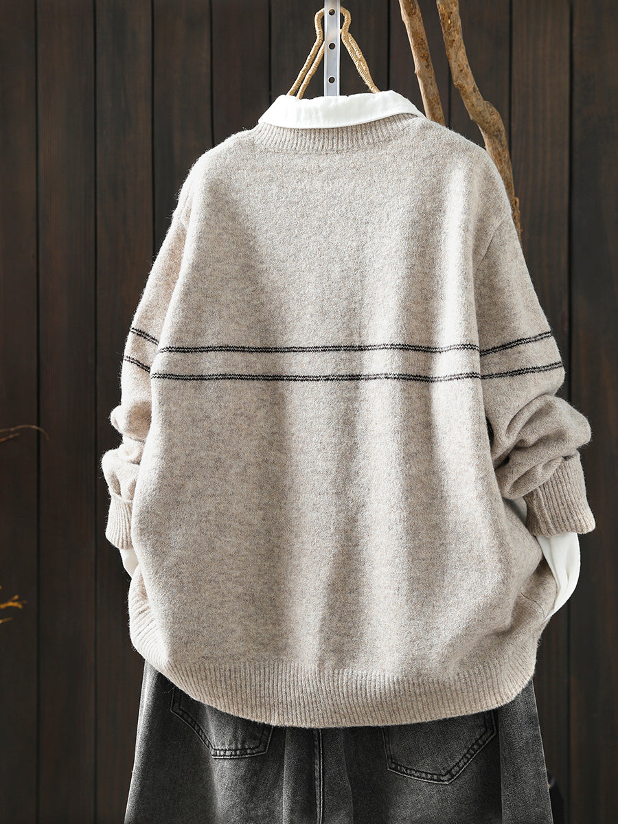 Women Autumn Artsy Stripe Knitted O-Neck Sweater