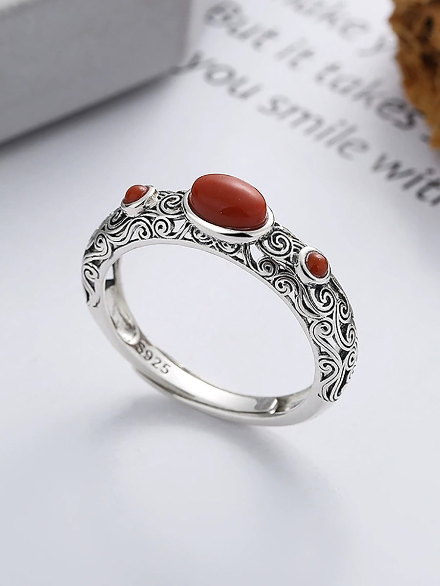 Women Vintage S925Silver Red Agate Adjustable Ring