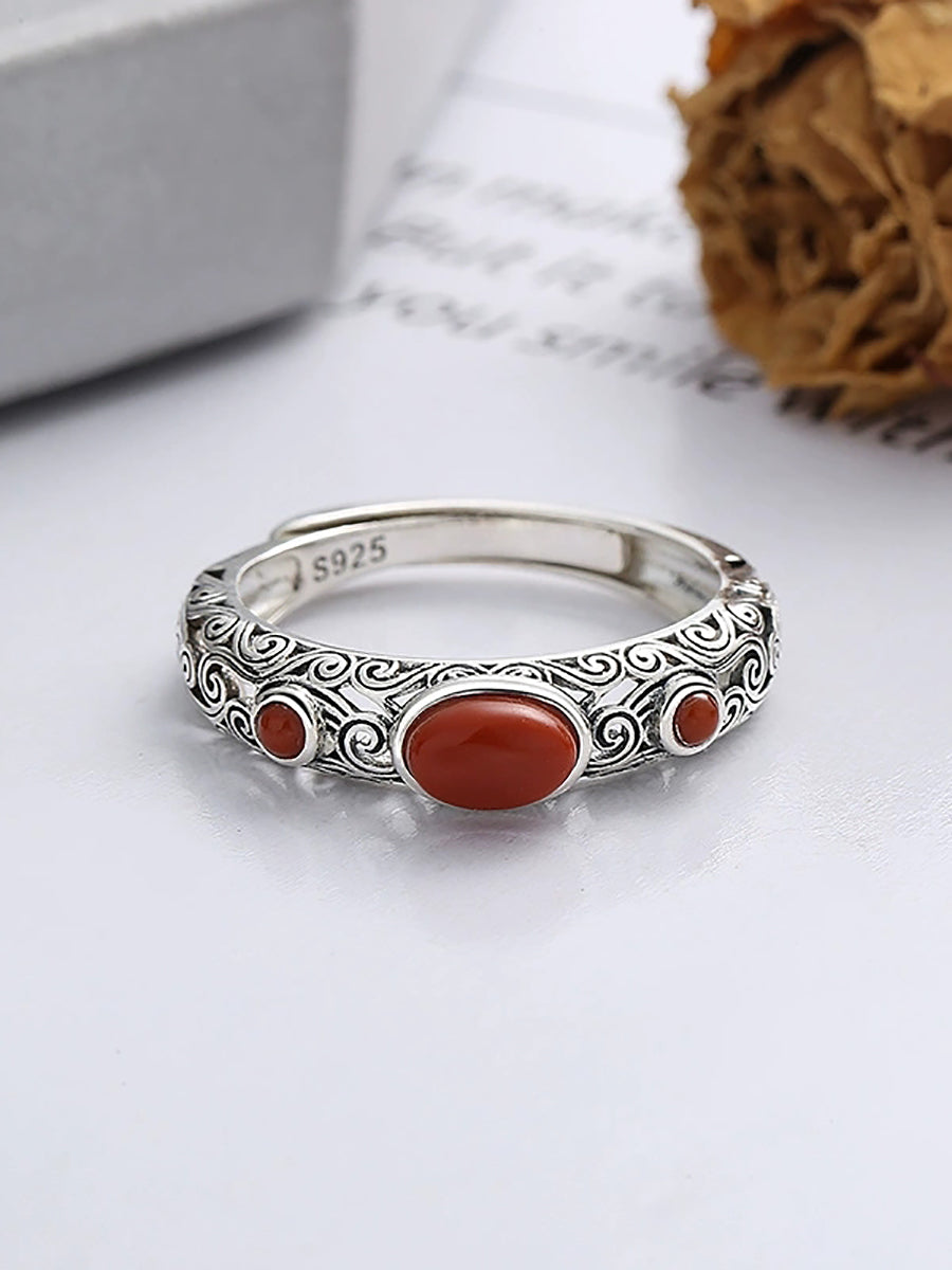 Women Vintage S925Silver Red Agate Adjustable Ring