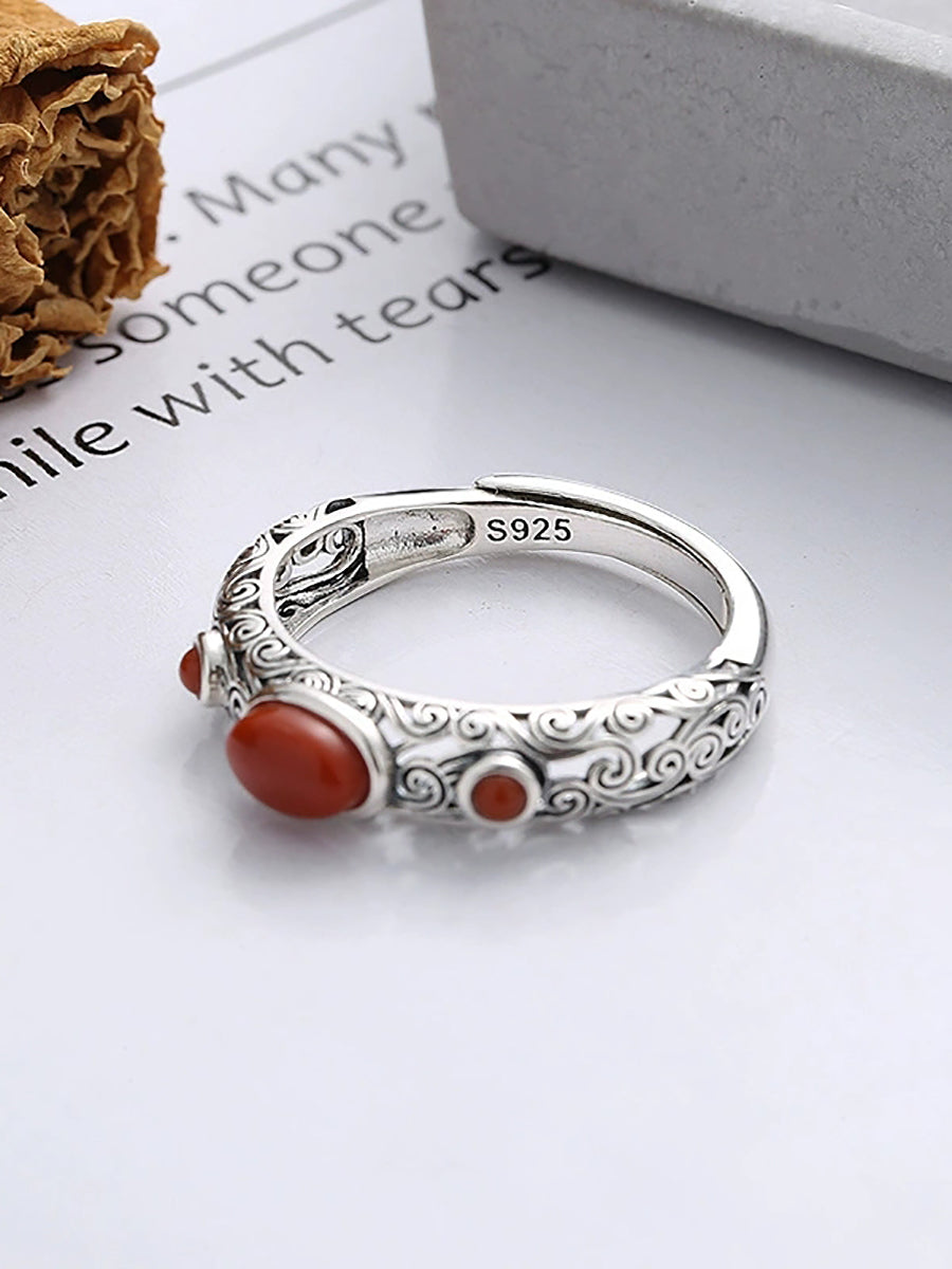 Women Vintage S925Silver Red Agate Adjustable Ring