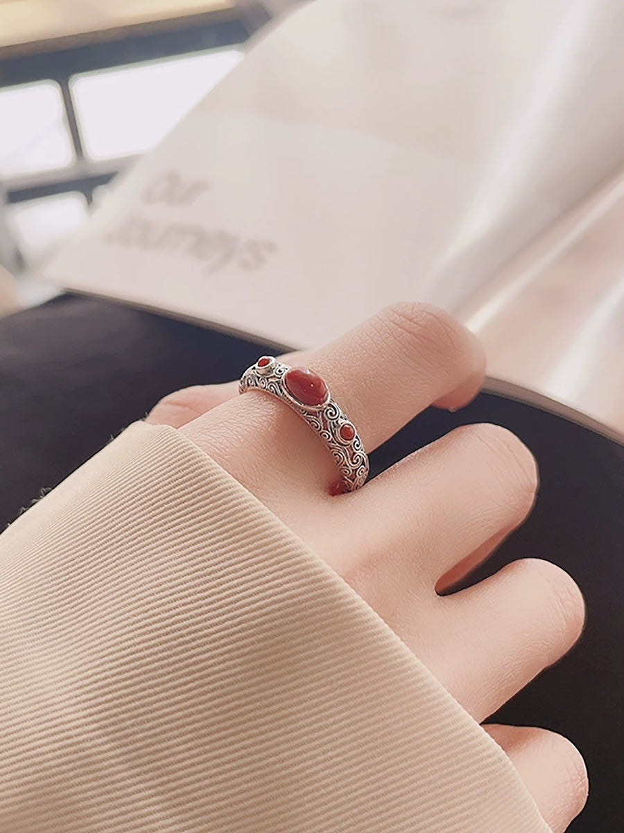 Women Vintage S925Silver Red Agate Adjustable Ring