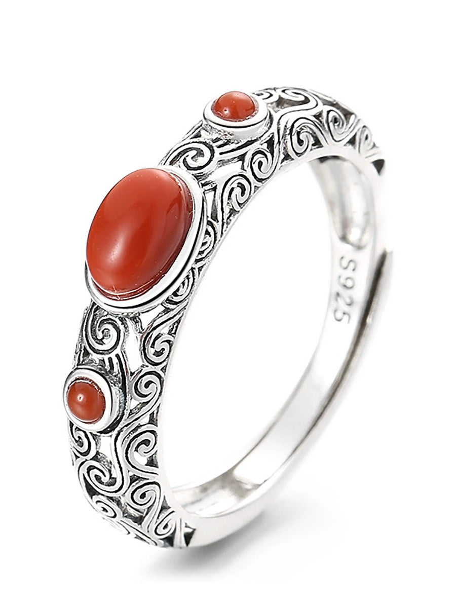 Women Vintage S925Silver Red Agate Adjustable Ring