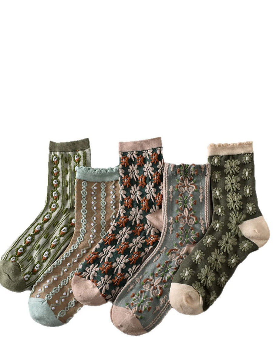 Women Winter Retro Flower Jacquard Socks