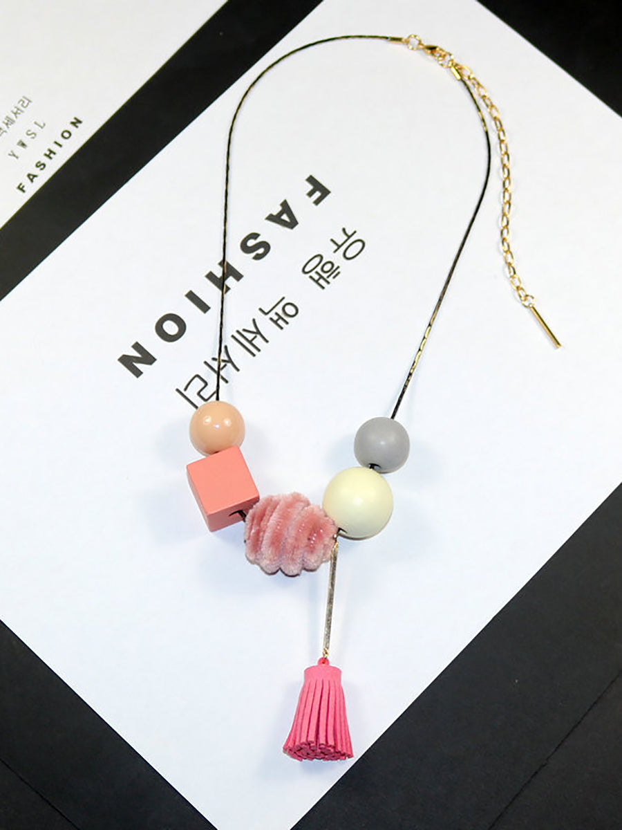 Women Vintage Alloy Wood Line Ball Necklace