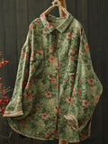 Plus Size Women Winter Artsy Floral Turn-down Collar Cotton Shirt