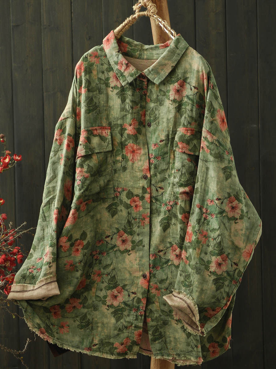 Plus Size Women Winter Artsy Floral Turn-down Collar Cotton Shirt