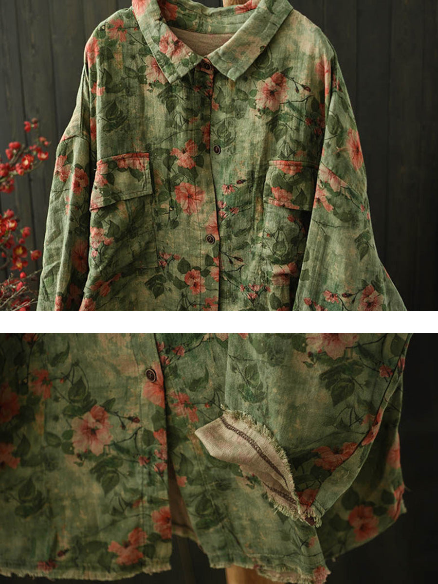 Plus Size Women Winter Artsy Floral Turn-down Collar Cotton Shirt