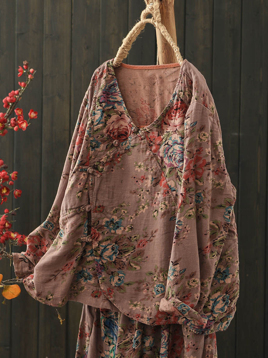 Plus Size Women Spring Retro Flower V-Neck Cotton Blouse