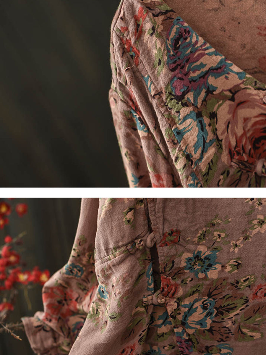 Plus Size Women Spring Retro Flower V-Neck Cotton Blouse