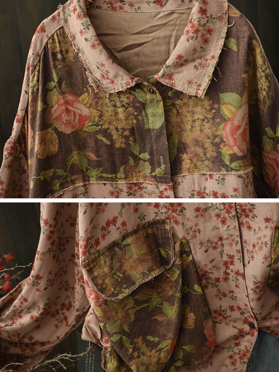 Women Spring Floral Spliced Turn-down Collar Cotton Shirt