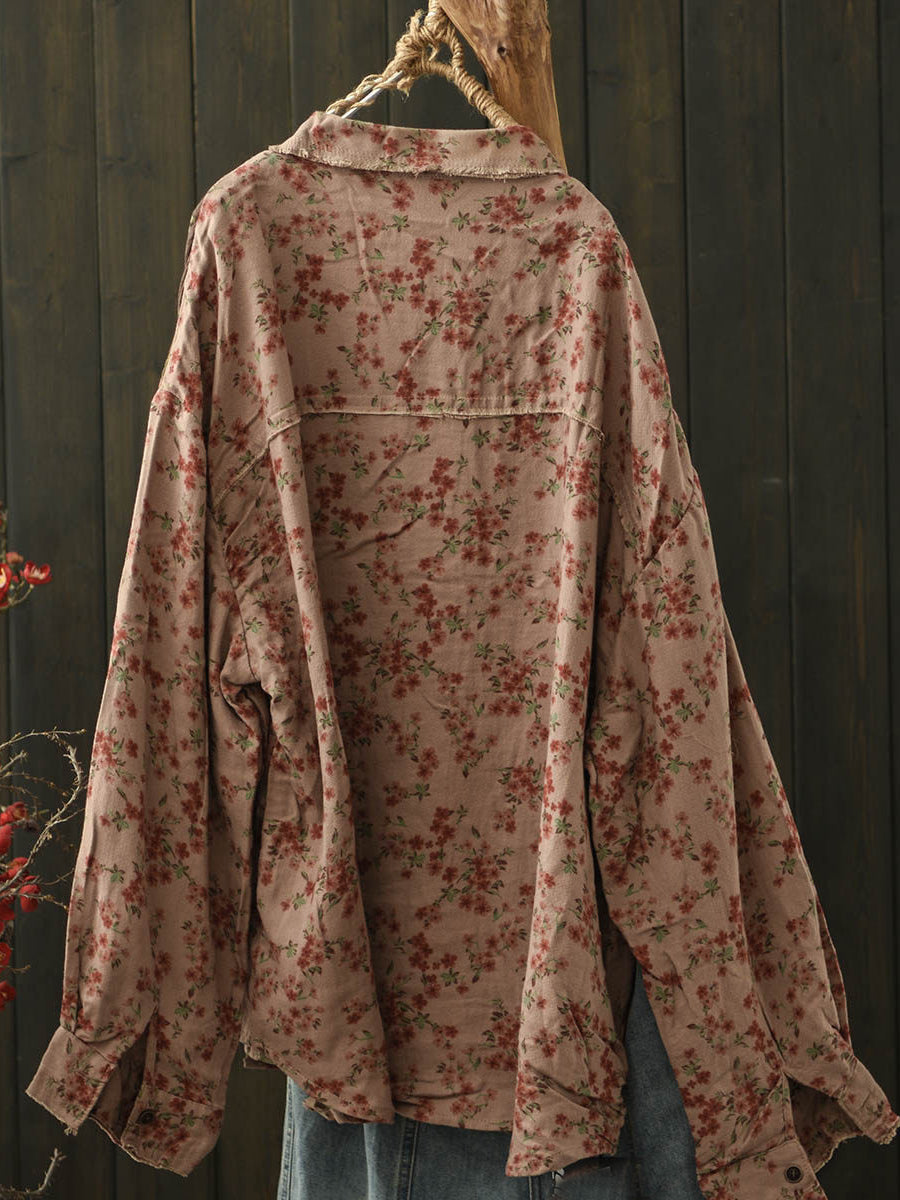 Women Spring Floral Spliced Turn-down Collar Cotton Shirt