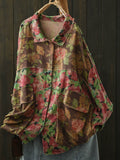 Women Spring Floral Spliced Turn-down Collar Cotton Shirt