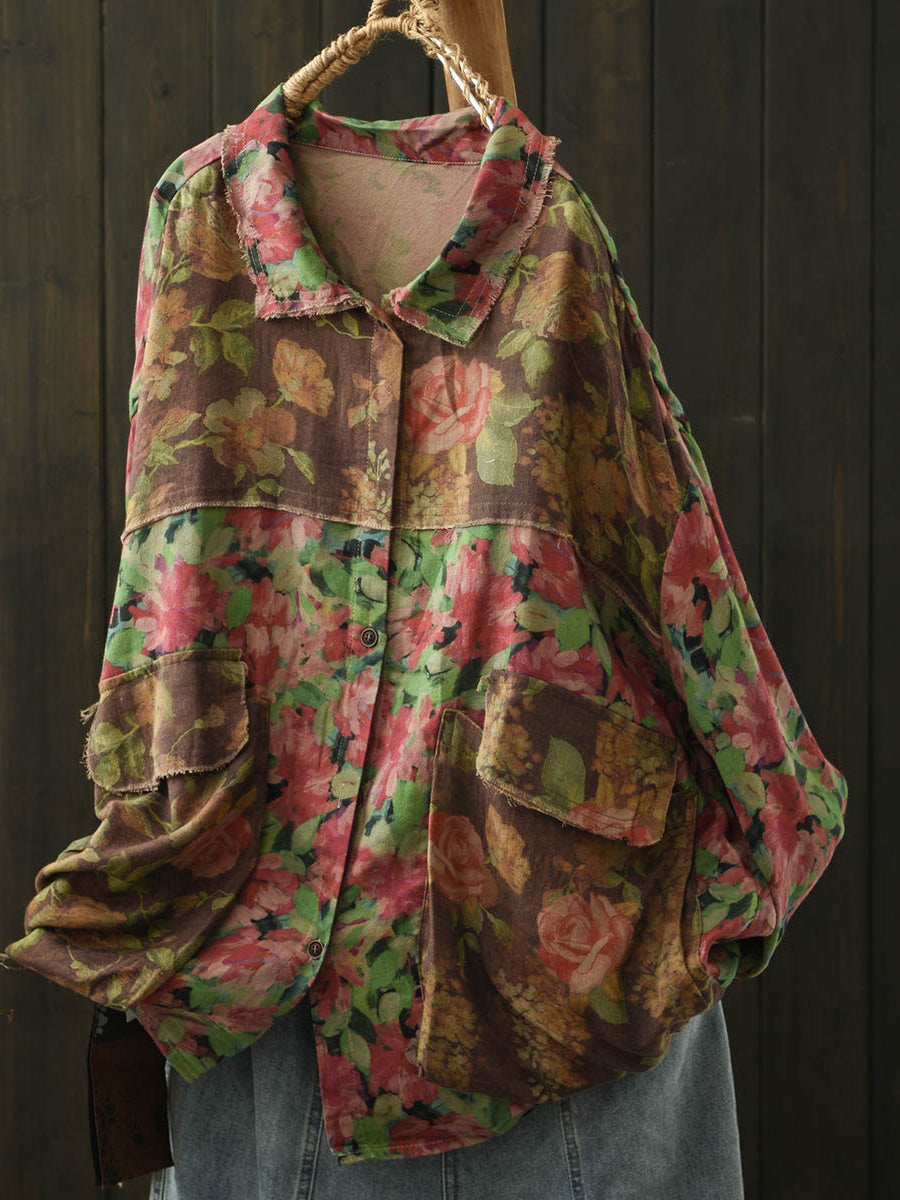 Women Spring Floral Spliced Turn-down Collar Cotton Shirt