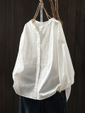 Plus Size Women Artsy Spring Shirred Stand Collar 100%Cotton Shirt