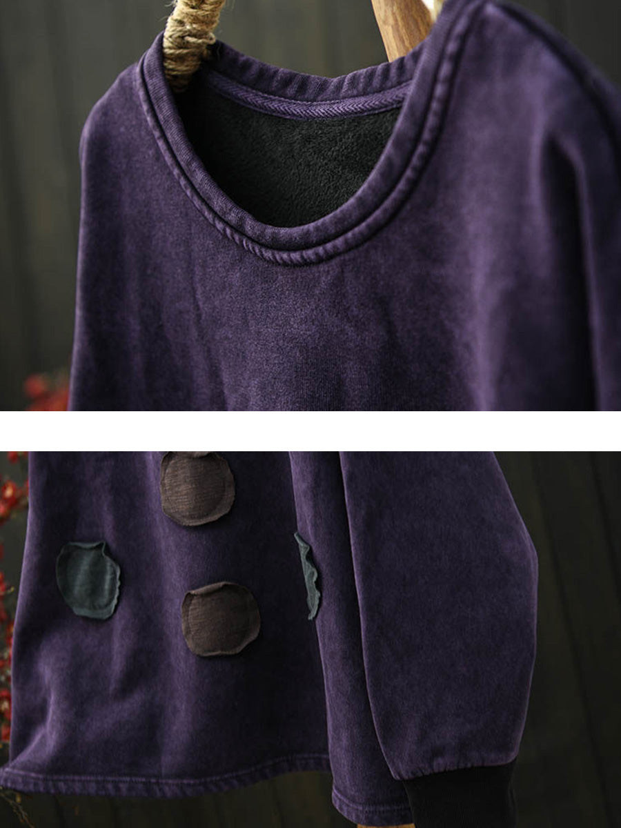 Women Retro Autumn Patchwork Fleece-lined O-Neck Blouse