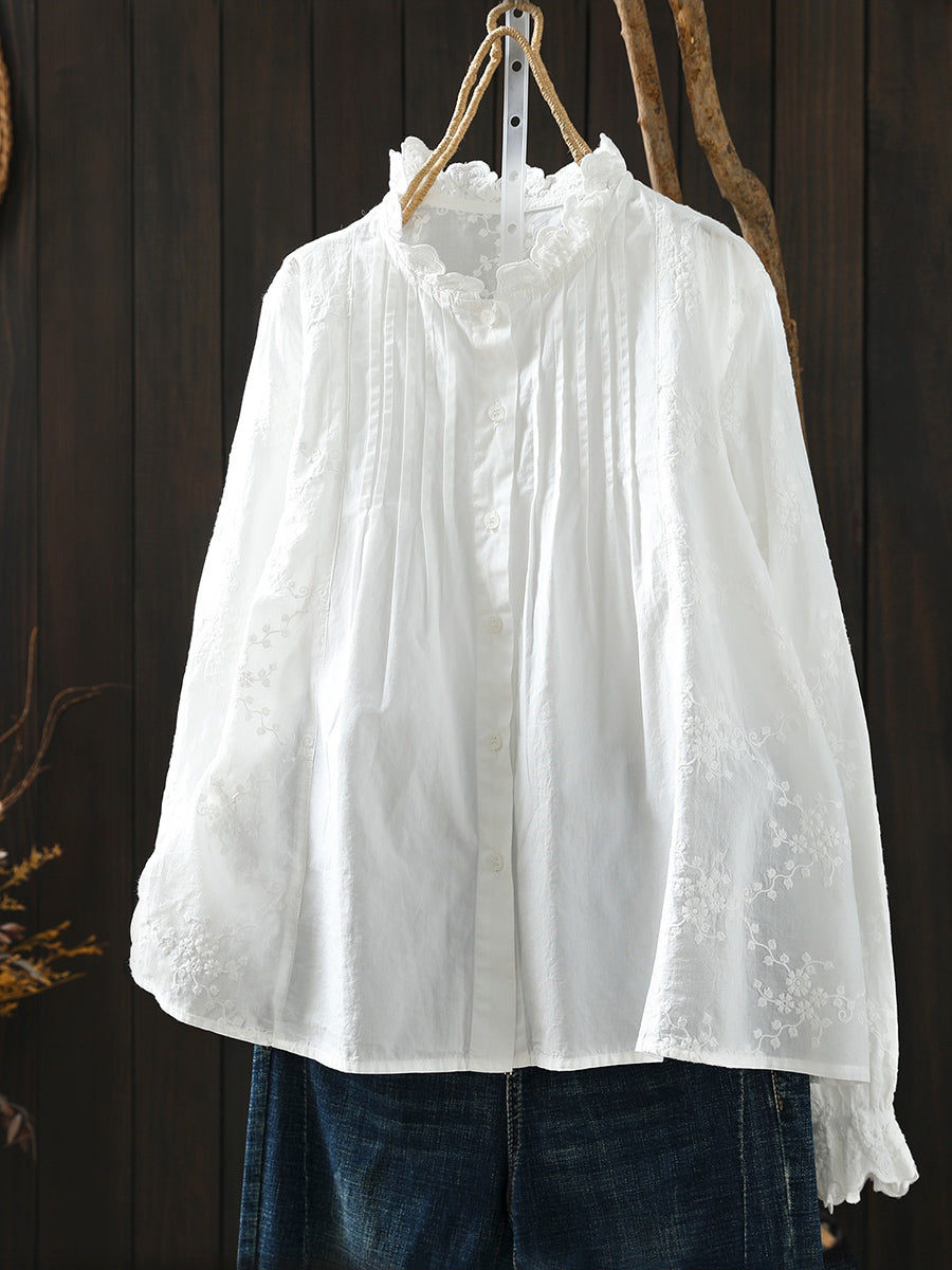 Plus Size Women Artsy Spring Embroidery 100%Cotton Shirt