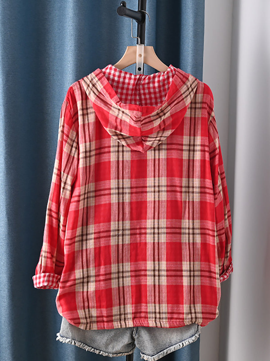 Plus Size Women Casual Spring Plaid 100%Cotton Hooded Shirt