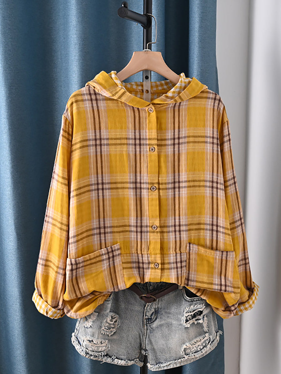 Plus Size Women Casual Spring Plaid 100%Cotton Hooded Shirt