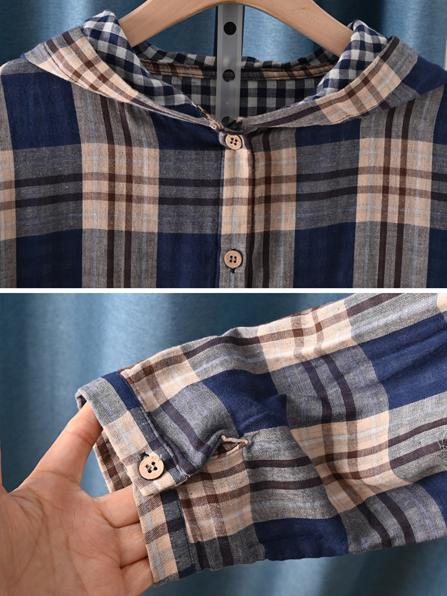 Plus Size Women Casual Spring Plaid 100%Cotton Hooded Shirt