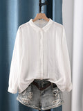 Plus Size Women Artsy Spring Shirred Turn-down Collar 100%Cotton Shirt