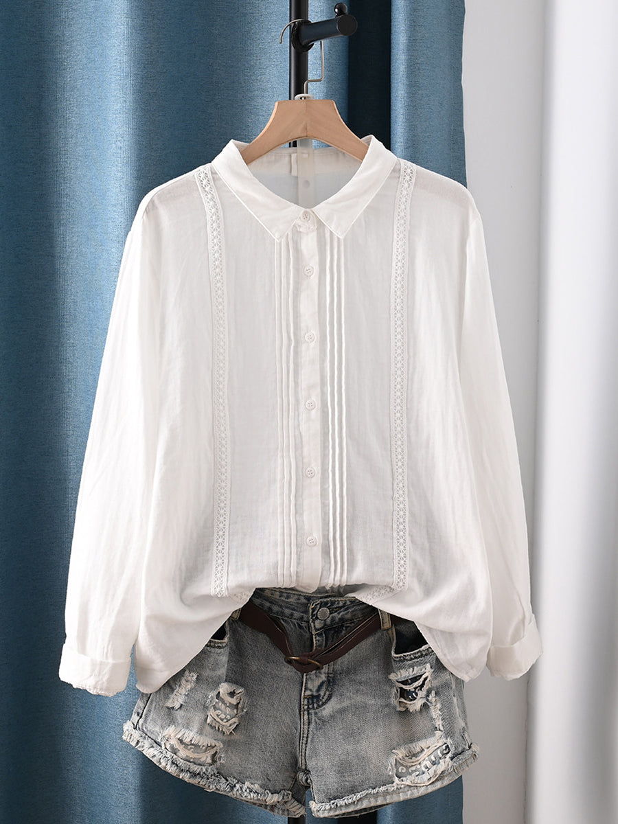 Plus Size Women Artsy Spring Shirred Turn-down Collar 100%Cotton Shirt