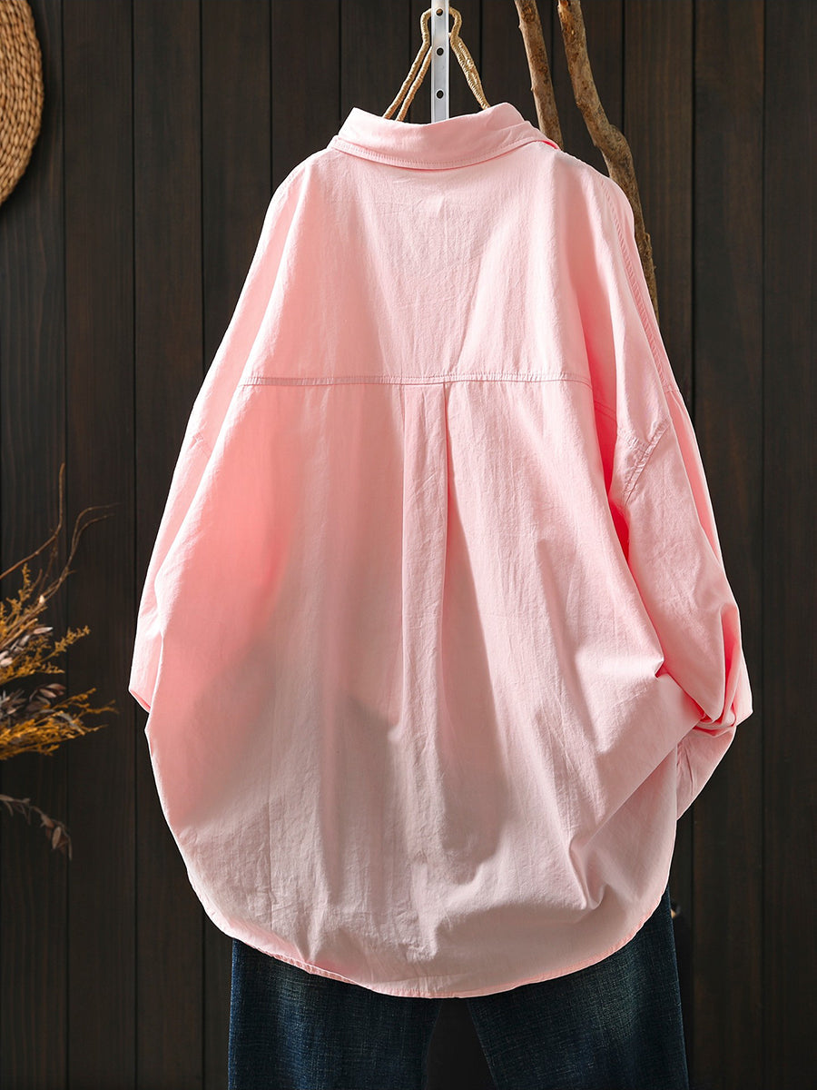 Plus Size Women Spring Casual Pure Color Turn-down Collar Shirt