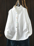 Plus Size Women Spring Pure Color Turn-down Collar 100%Cotton Shirt