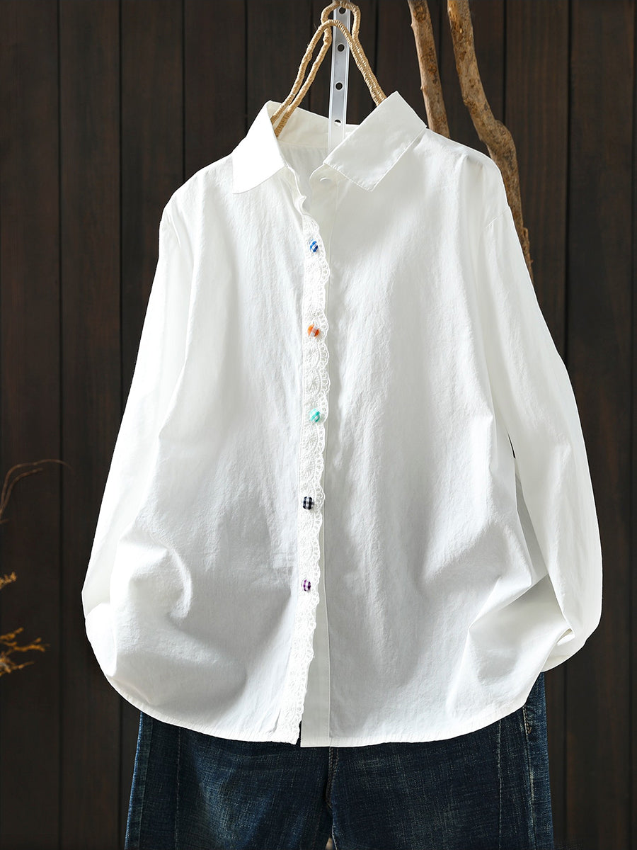 Plus Size Women Spring Pure Color Turn-down Collar 100%Cotton Shirt