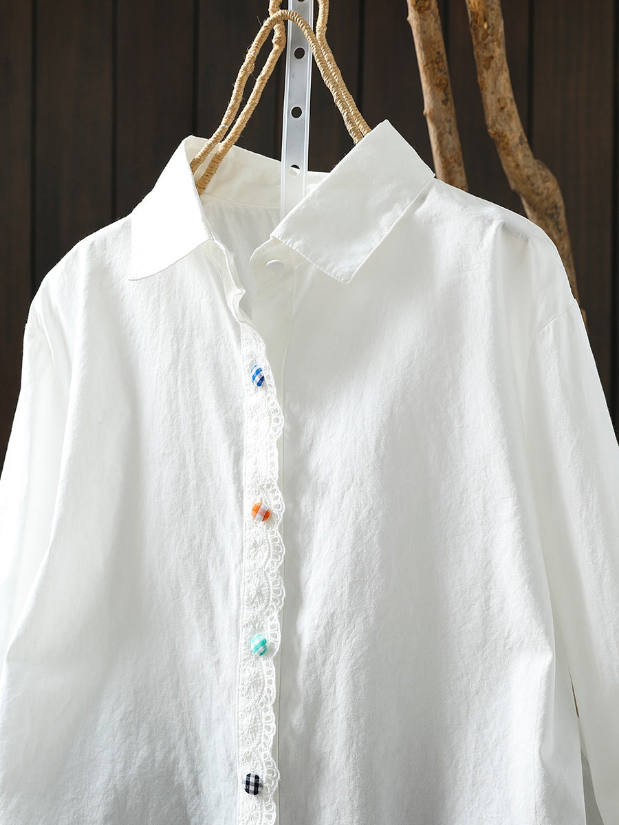 Plus Size Women Spring Pure Color Turn-down Collar 100%Cotton Shirt