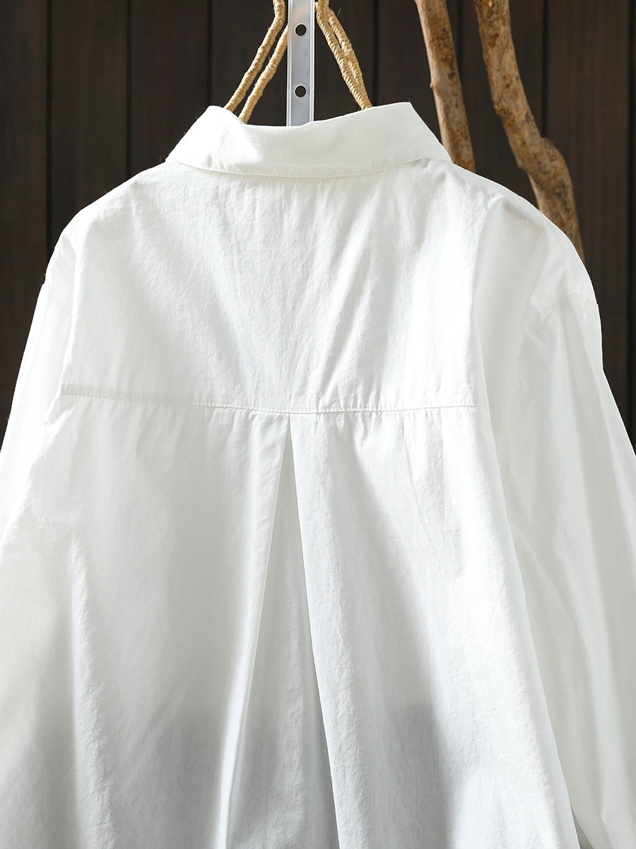 Plus Size Women Spring Pure Color Turn-down Collar 100%Cotton Shirt