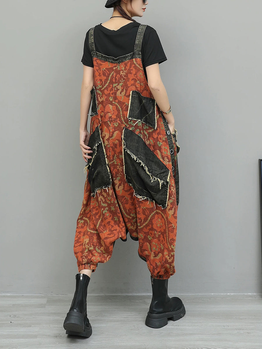 Women Vintage Flower Spliced Denim Jumpsuits