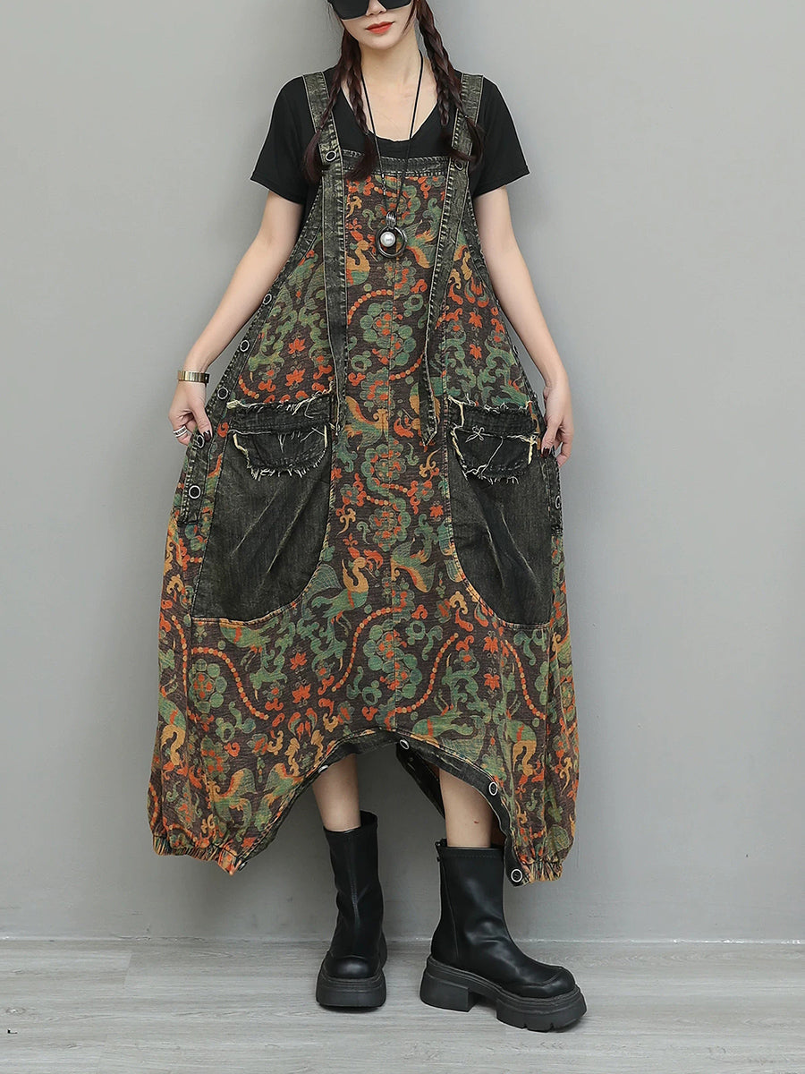 Women Vintage Flower Spliced Denim Jumpsuits