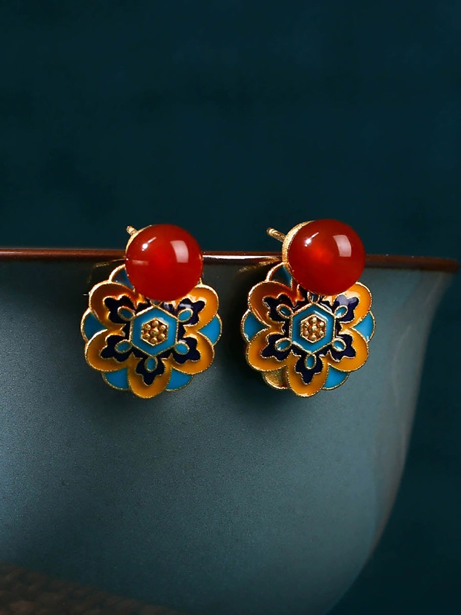 Vintage Jade Enamel Lotus Totem Alloy Earrings