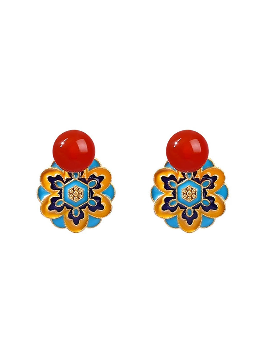 Vintage Jade Enamel Lotus Totem Alloy Earrings