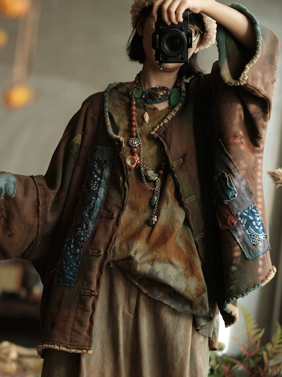 Women Spring Vintage Patchwork O-Neck Shirt Coat