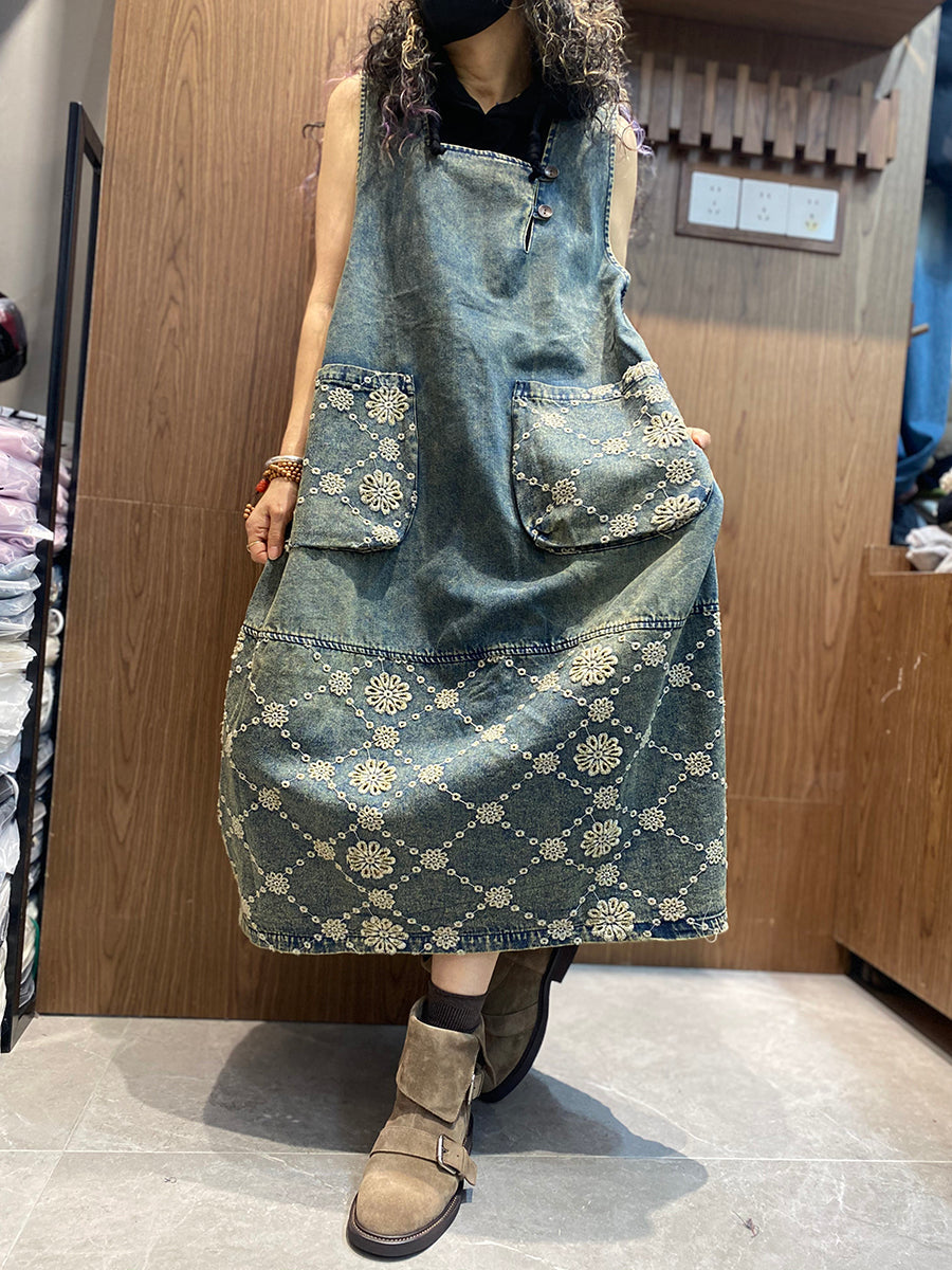 Women Spring Retro Embroidery Denim Dress