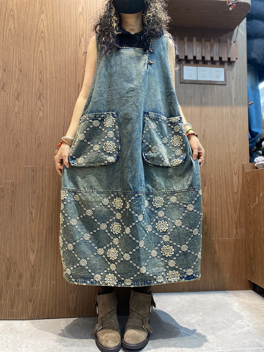 Women Spring Retro Embroidery Denim Dress