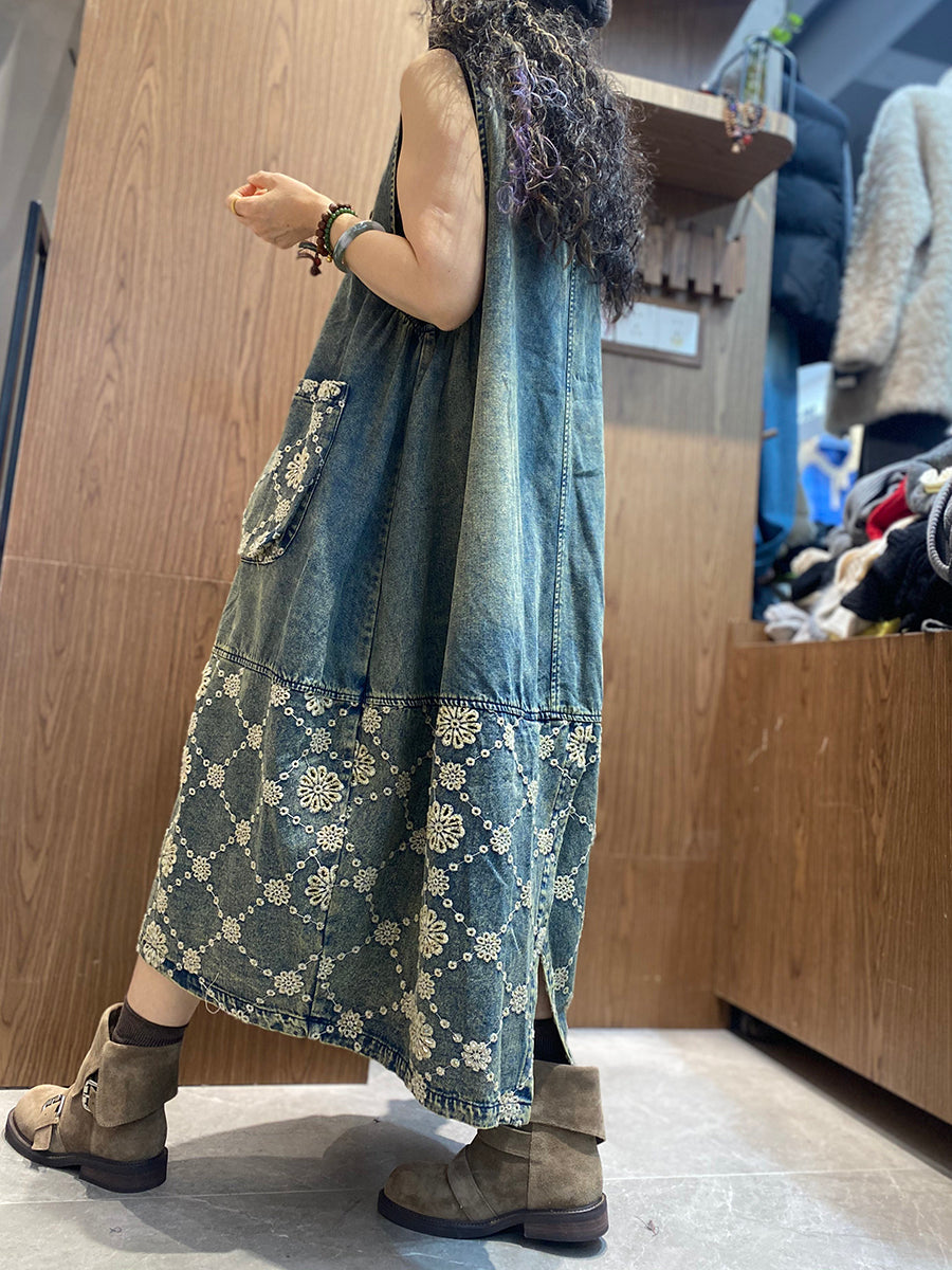 Women Spring Retro Embroidery Denim Dress