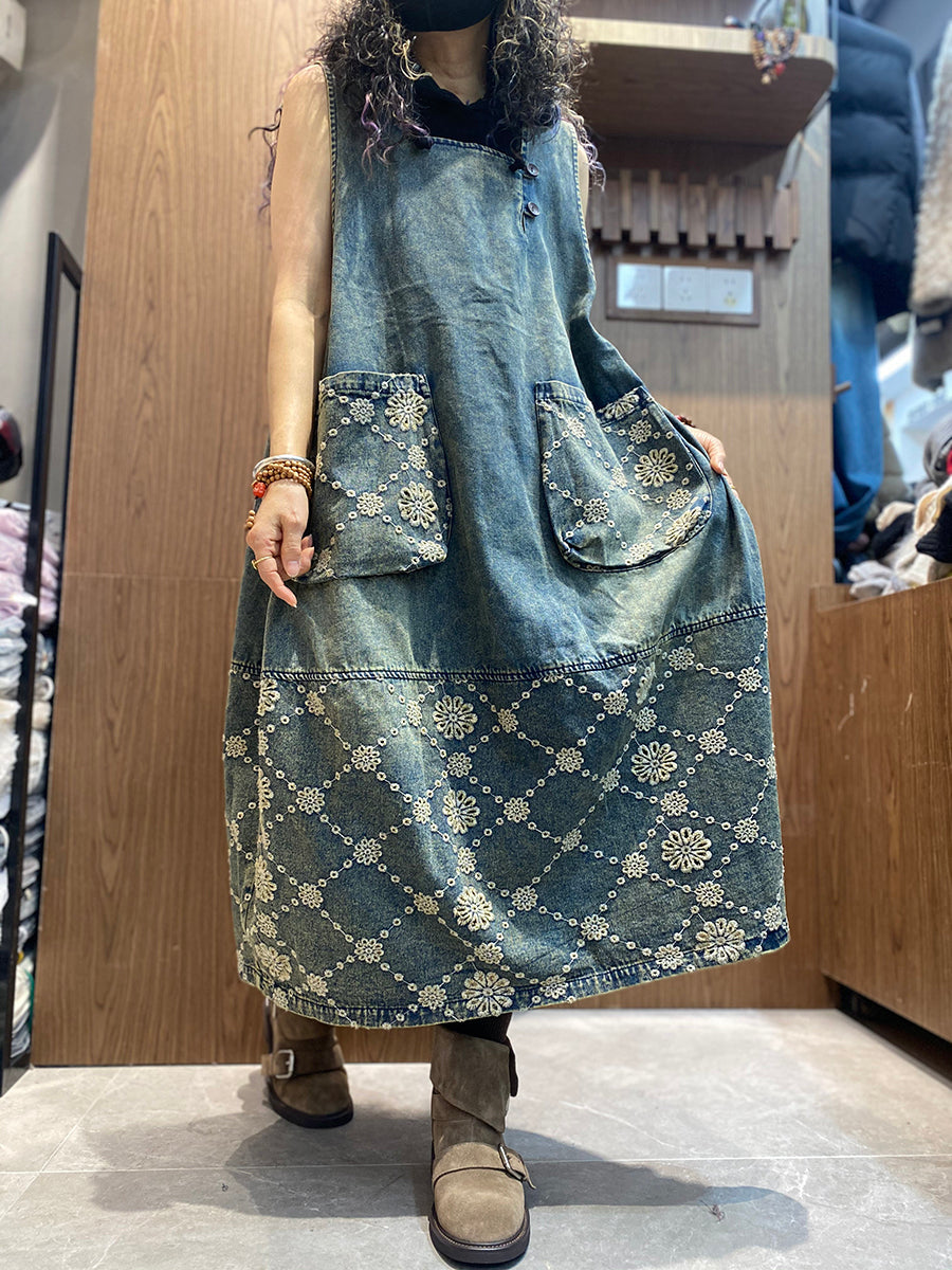 Women Spring Retro Embroidery Denim Dress